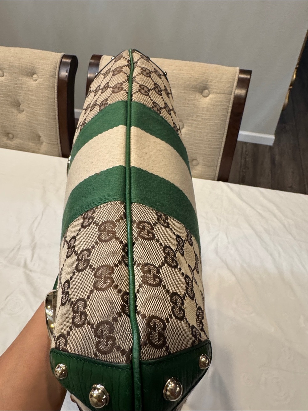 Authentic Gucci Beige Monogram Hobo with Green and Cream Stripes - Picture 6 of 11